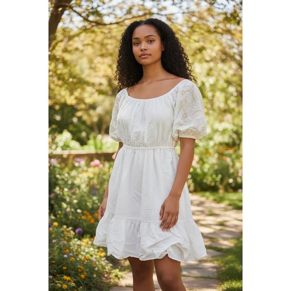 Knox Rose Dress Womens Size M Ivory Embroidered Puff Sleeve Peasant Mini boho